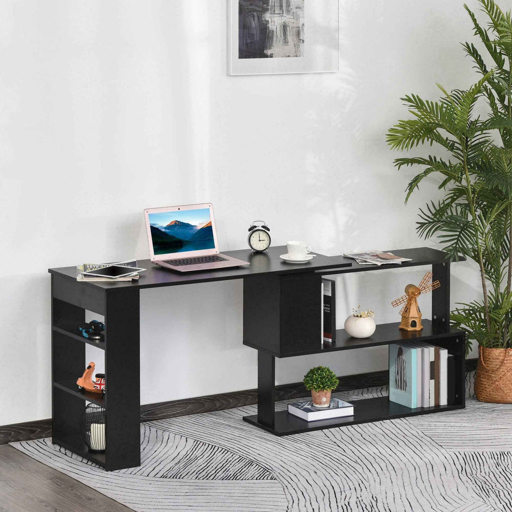 Denver L-Shaped Office Desk with 360° Rotating Corner Extension-Black