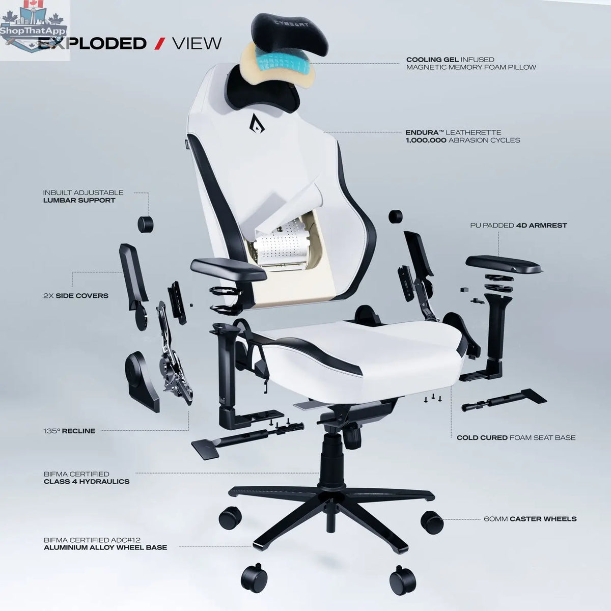 Cybeart Apex Series Arctic White gaming chair with ergonomic design, padded armrests, and modern style for ultimate gaming comfort.