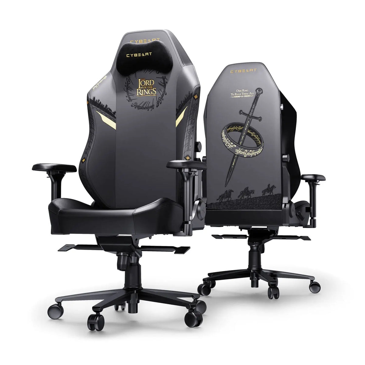 Black Cybeart Lord of the Rings gaming chair with detailed design, ergonomic armrests, and high-back support.