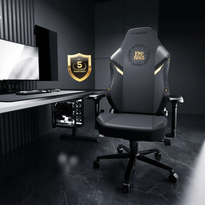 Black Cybeart Lord of the Rings gaming chair with detailed design, ergonomic armrests, and sturdy base for comfortable gaming sessions.