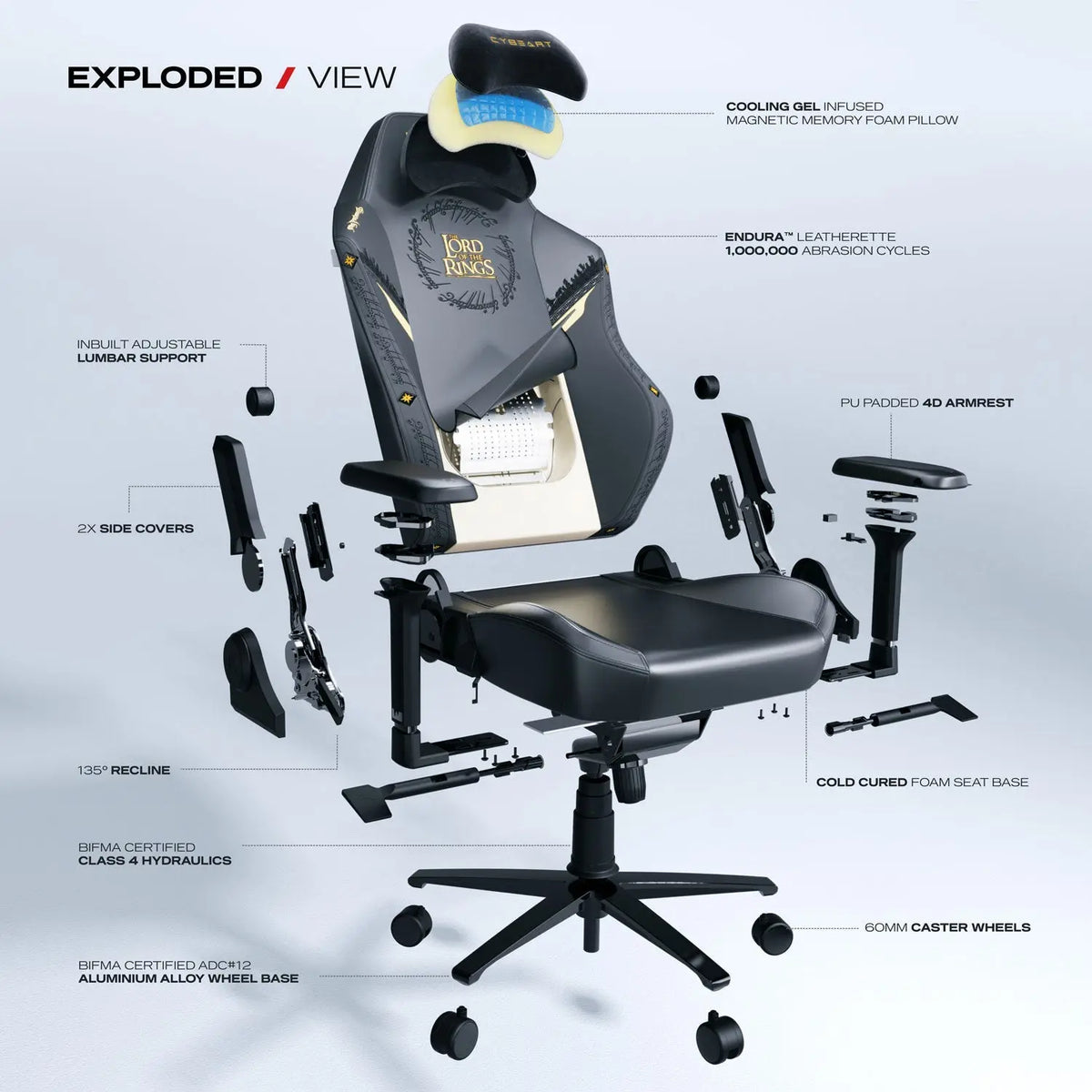 Cybeart Lord of the Rings Black Edition gaming chair with detailed design and ergonomic features, suitable for long gaming sessions.