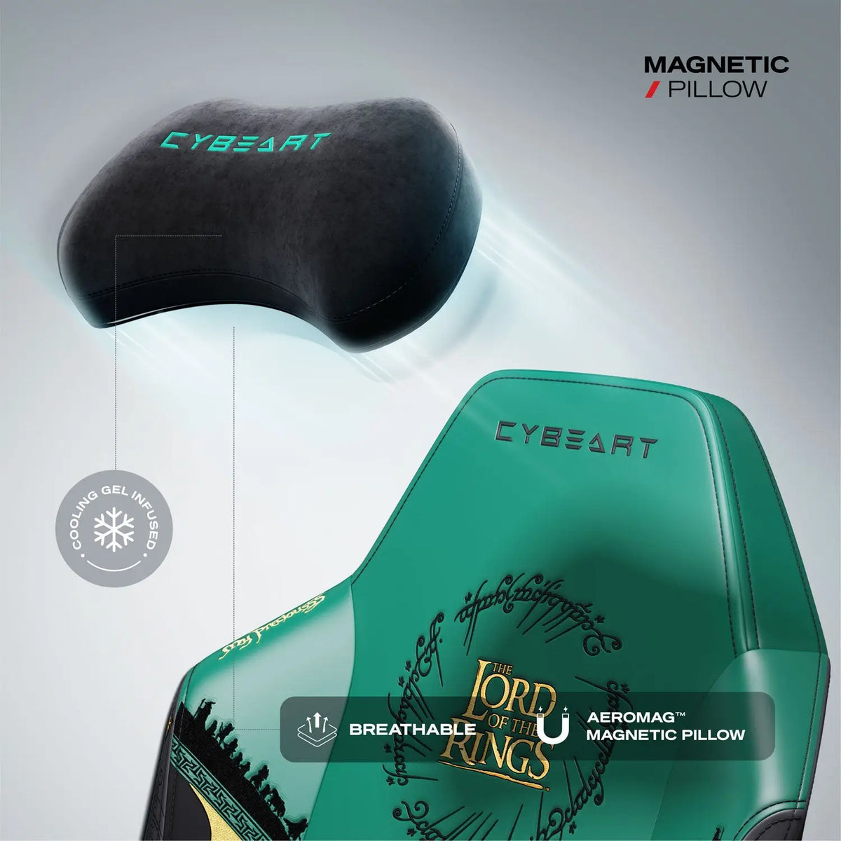 Cybeart Lord of the Rings gaming chair in green with ergonomic design and plush cushioning for ultimate comfort and support.