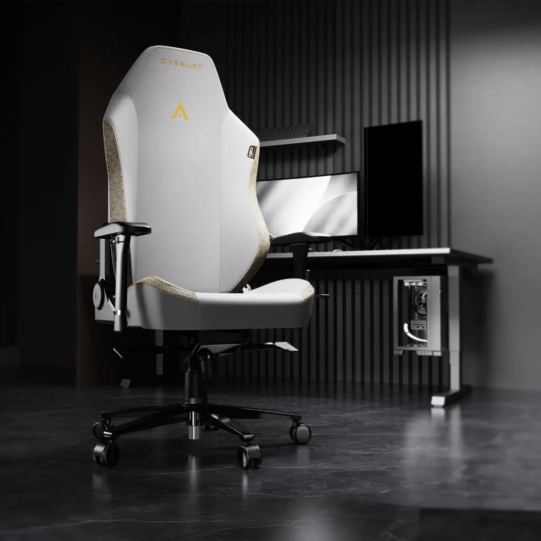 Cybeart NEO Lunar Edition gaming chair with ergonomic design, black and gray upholstery, and adjustable armrests.
