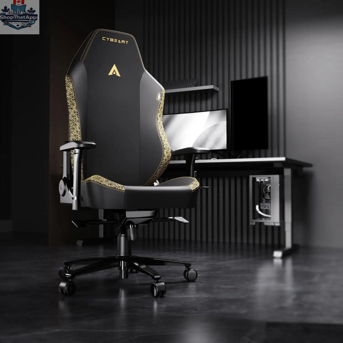 Cybeart NEO Series Imperial Edition gaming chair with ergonomic design, black and gold accents, and adjustable armrests.