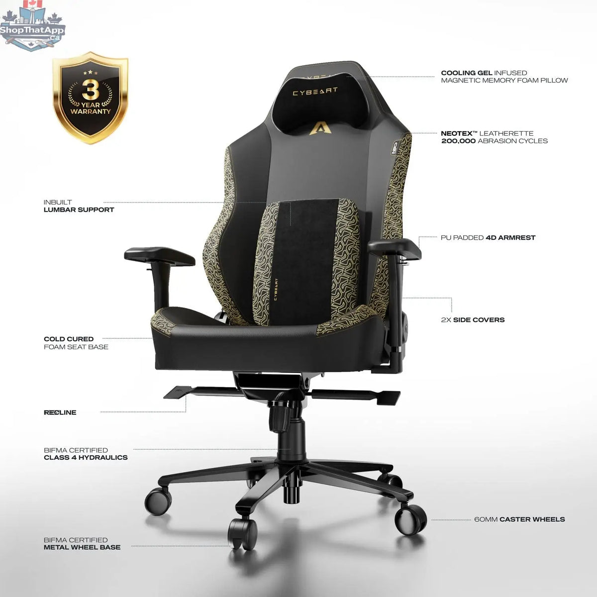 Cybeart NEO Series Imperial Edition gaming chair with ergonomic design, black and gold accents, and adjustable features for comfort.