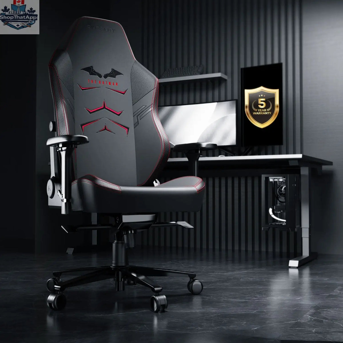 Cyberart The Batman gaming chair with black and yellow design, featuring Batman logo and ergonomic gaming seat.