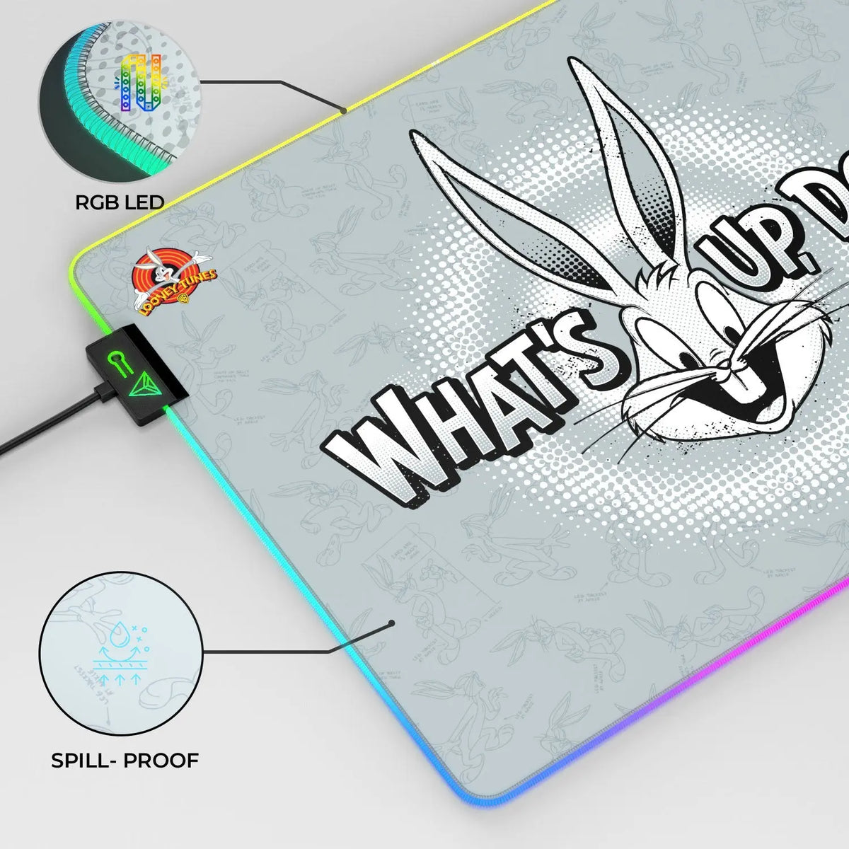 Bugs Bunny mouse pad for gamers by Cybeart, featuring colorful cartoon Bugs Bunny design on a smooth gaming mousepad surface.