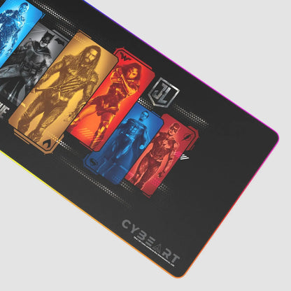 Cybeart Justice League gaming mouse pad featuring character portraits design with vibrant superhero illustrations.