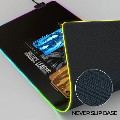 Cybeart Justice League gaming mouse pad featuring character portraits and vibrant superhero artwork.