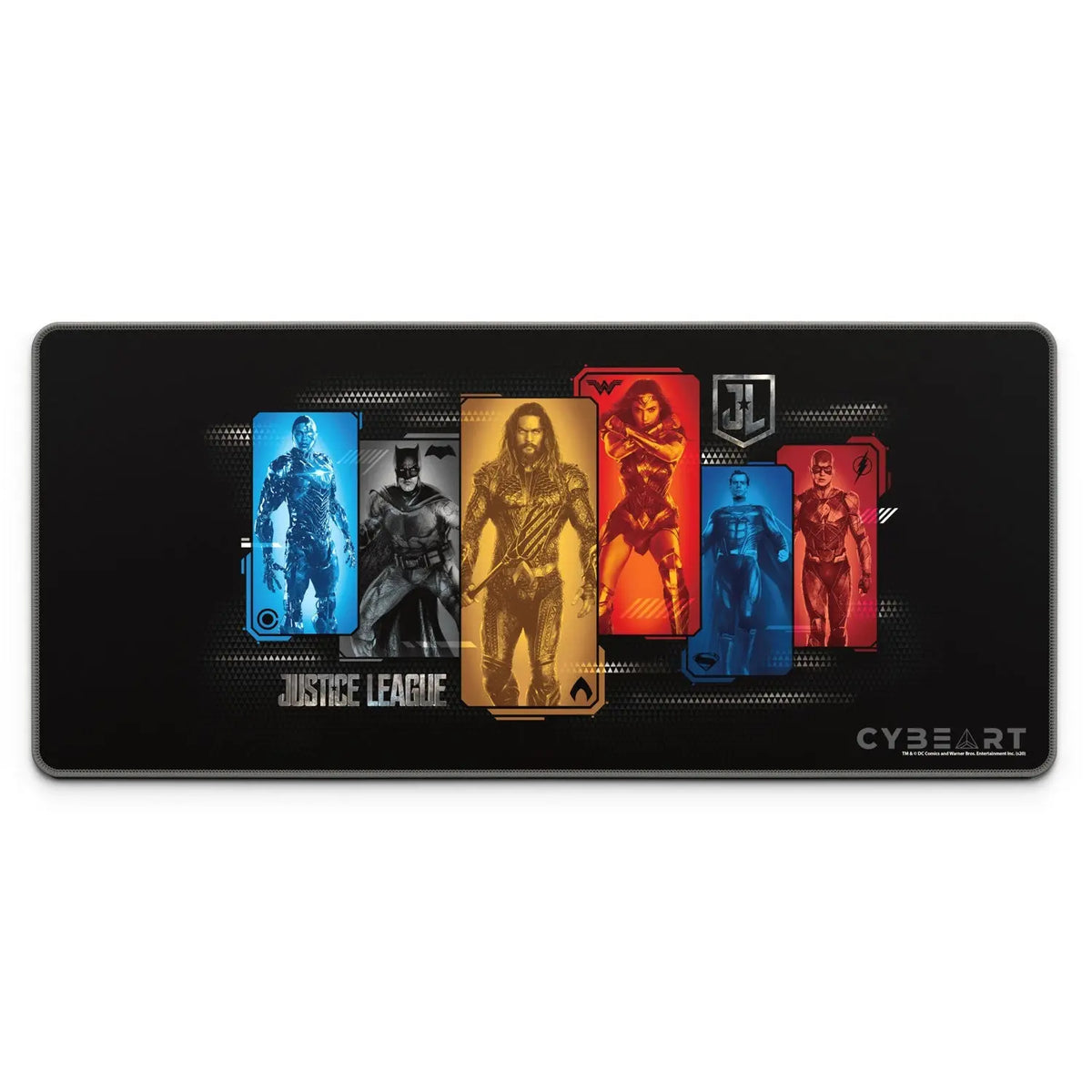 Justice League gaming mouse pad by Cybeart featuring character portraits, ideal for gaming setups and desk accessories.