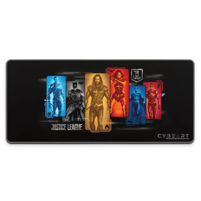 Justice League gaming mouse pad by Cybeart featuring character portraits, ideal for gaming setups and desk accessories.