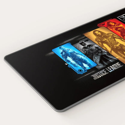 Cyberart Justice League gaming mouse pad featuring character portraits, colorful design, and smooth surface for gaming and desk use.