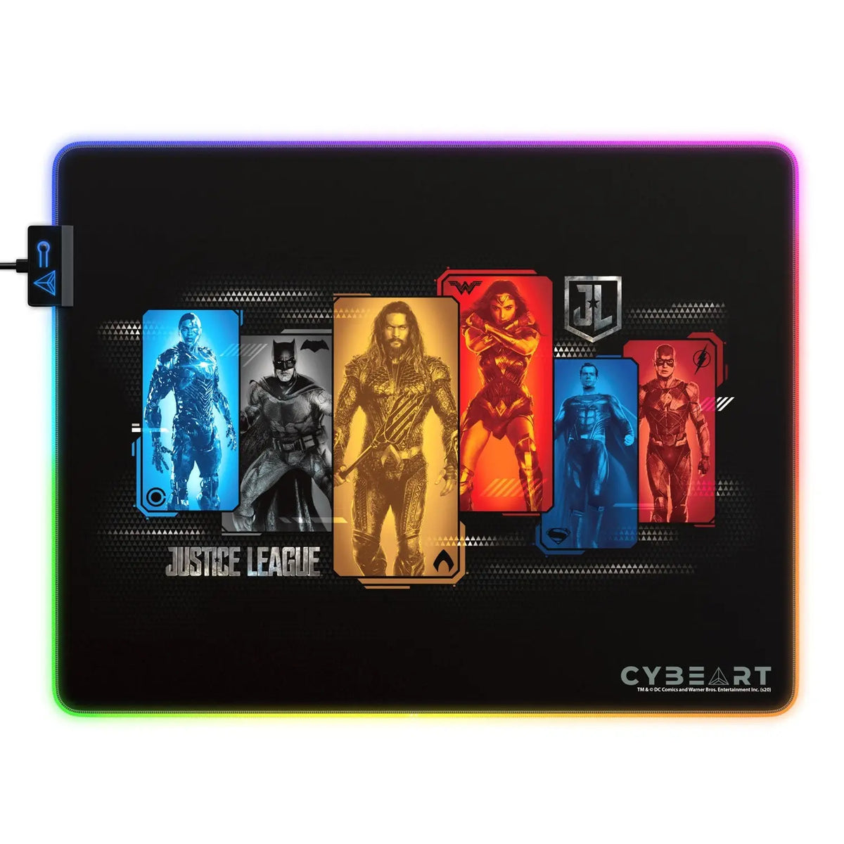 Justice League gaming mouse pad featuring character portraits, made by Cybeart, with a colorful, detailed design for gaming setups.
