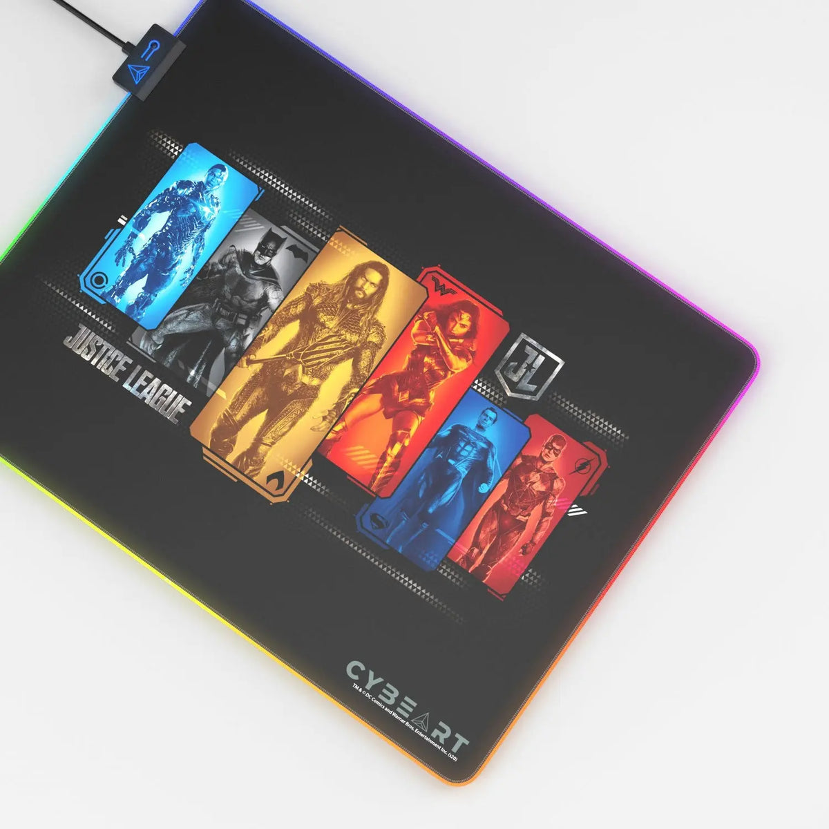 Justice League gaming mouse pad by Cybeart featuring character portraits design on a smooth surface.