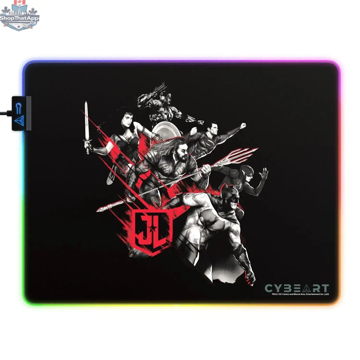 Cyberart Justice League gaming mouse pad featuring Justice League characters, designed for an immersive gaming experience.