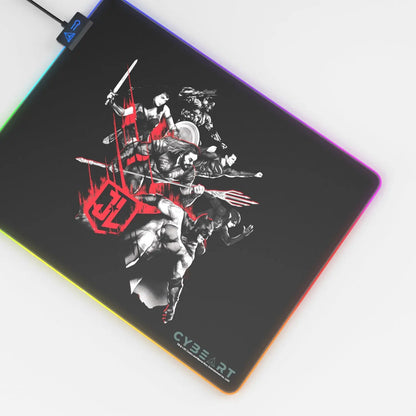 Cybeart Justice League gaming mouse pad featuring superhero graphics, smooth surface, and non-slip rubber base for gaming comfort.