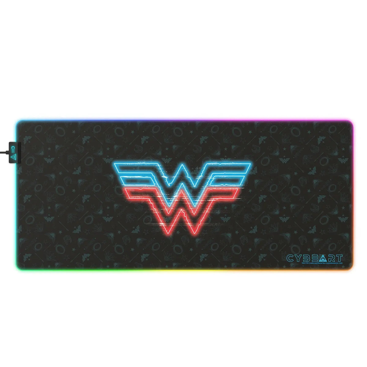Wonder Woman gaming mouse pad with electrified design by Cybeart, featuring vibrant graphics on a smooth surface for gamers.
