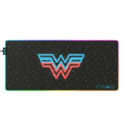 Wonder Woman gaming mouse pad with electrified design by Cybeart, featuring vibrant graphics on a smooth surface for gamers.