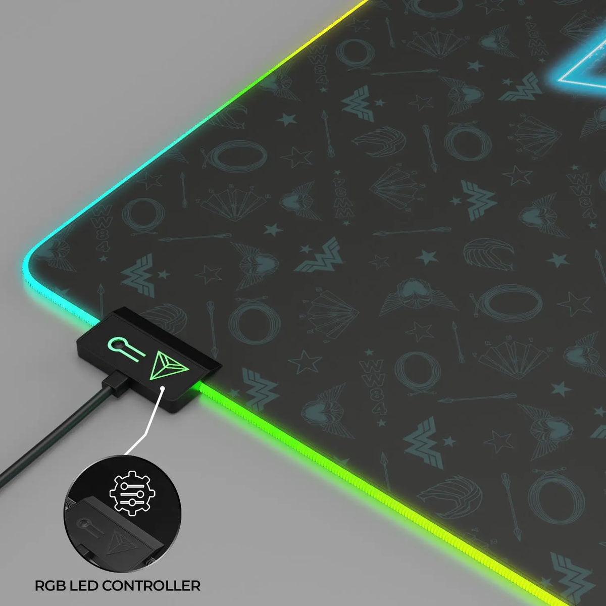 Wonder Woman gaming mouse pad with electrified design, Cybeart brand, featuring a vibrant, detailed graphic for gamers.