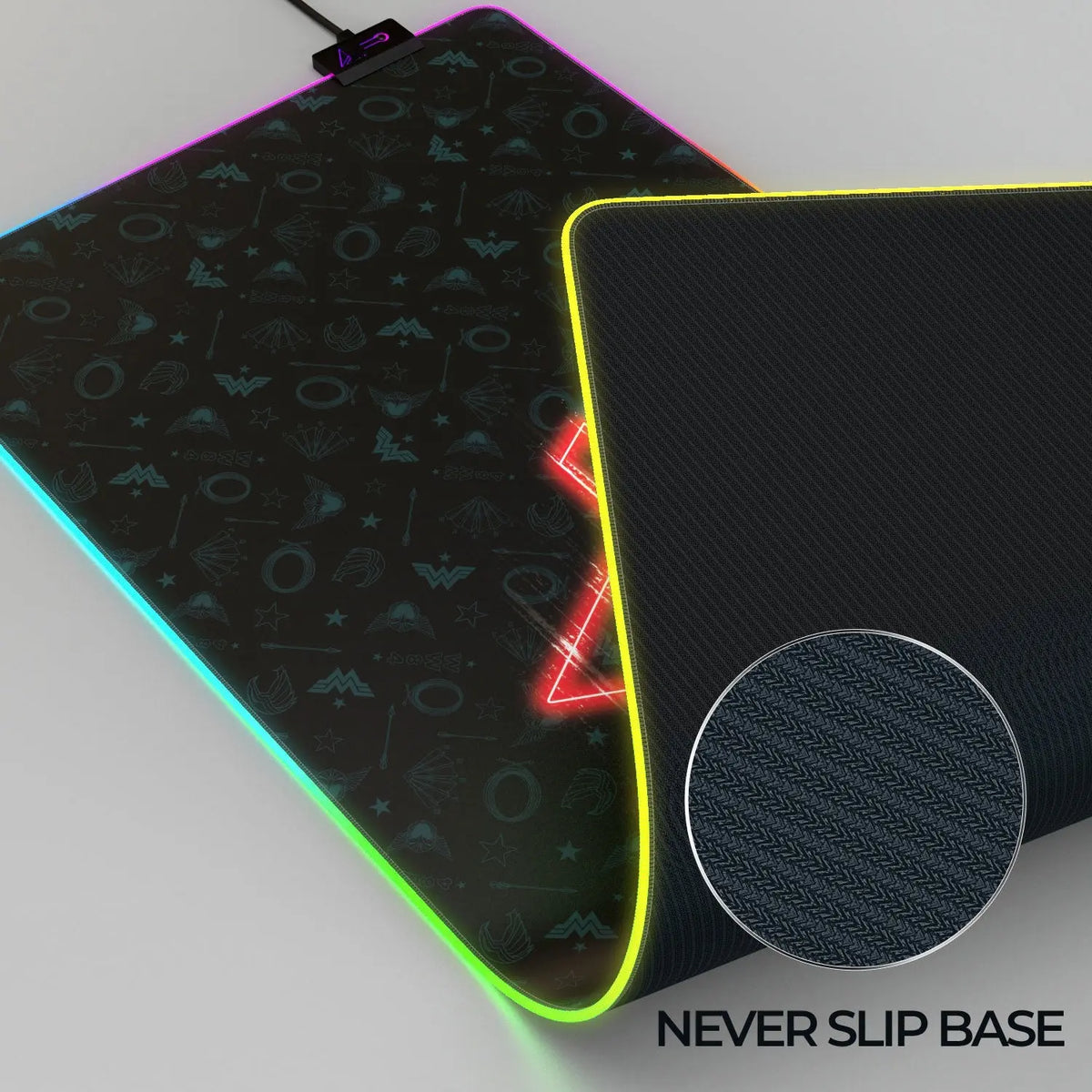 Wonder Woman gaming mouse pad with electrified design, black background, and Wonder Woman logo, made by Cybeart for gamers.