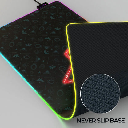 Wonder Woman gaming mouse pad with electrified design, black background, and Wonder Woman logo, made by Cybeart for gamers.