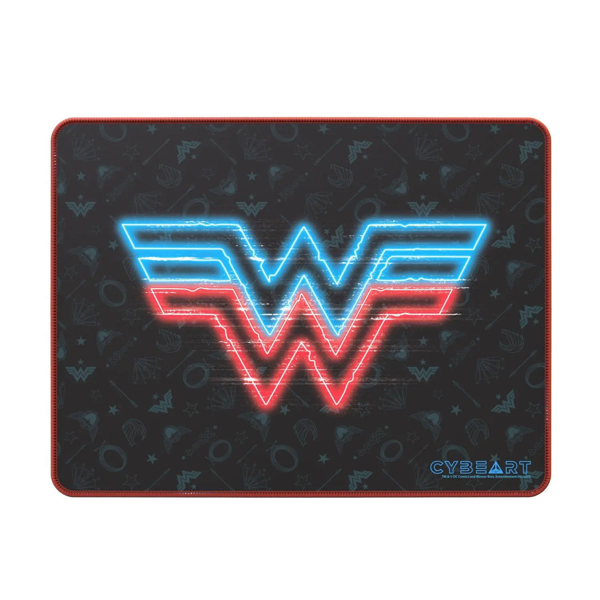 Wonder Woman gaming mouse pad with electrified design by Cybeart, featuring vibrant colors and detailed graphics for gamers.