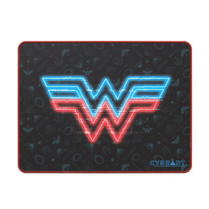 Wonder Woman gaming mouse pad with electrified design by Cybeart, featuring vibrant colors and detailed graphics for gamers.