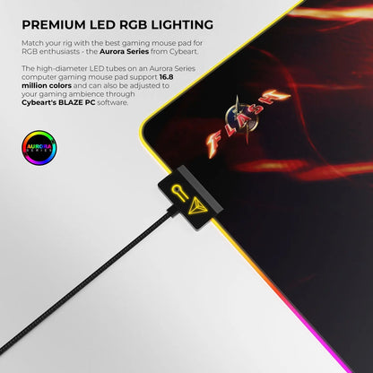 Cybeart The Flash gaming mouse pad with vibrant lightning design, large surface area, and smooth fabric for precise gaming control.