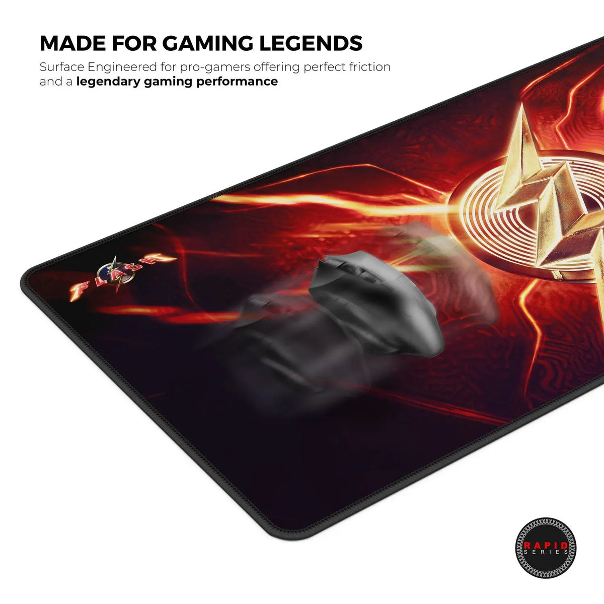 Cybeart The Flash gaming mouse pad with vibrant lightning design, large surface area, and smooth fabric for precise mouse control.