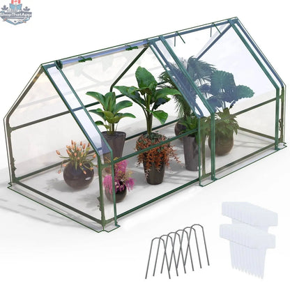 Portable mini greenhouse by EX-STOCK Canada with waterproof UV-resistant PVC cover, roll-up zipper doors, ideal for indoor and outdoor gardening.