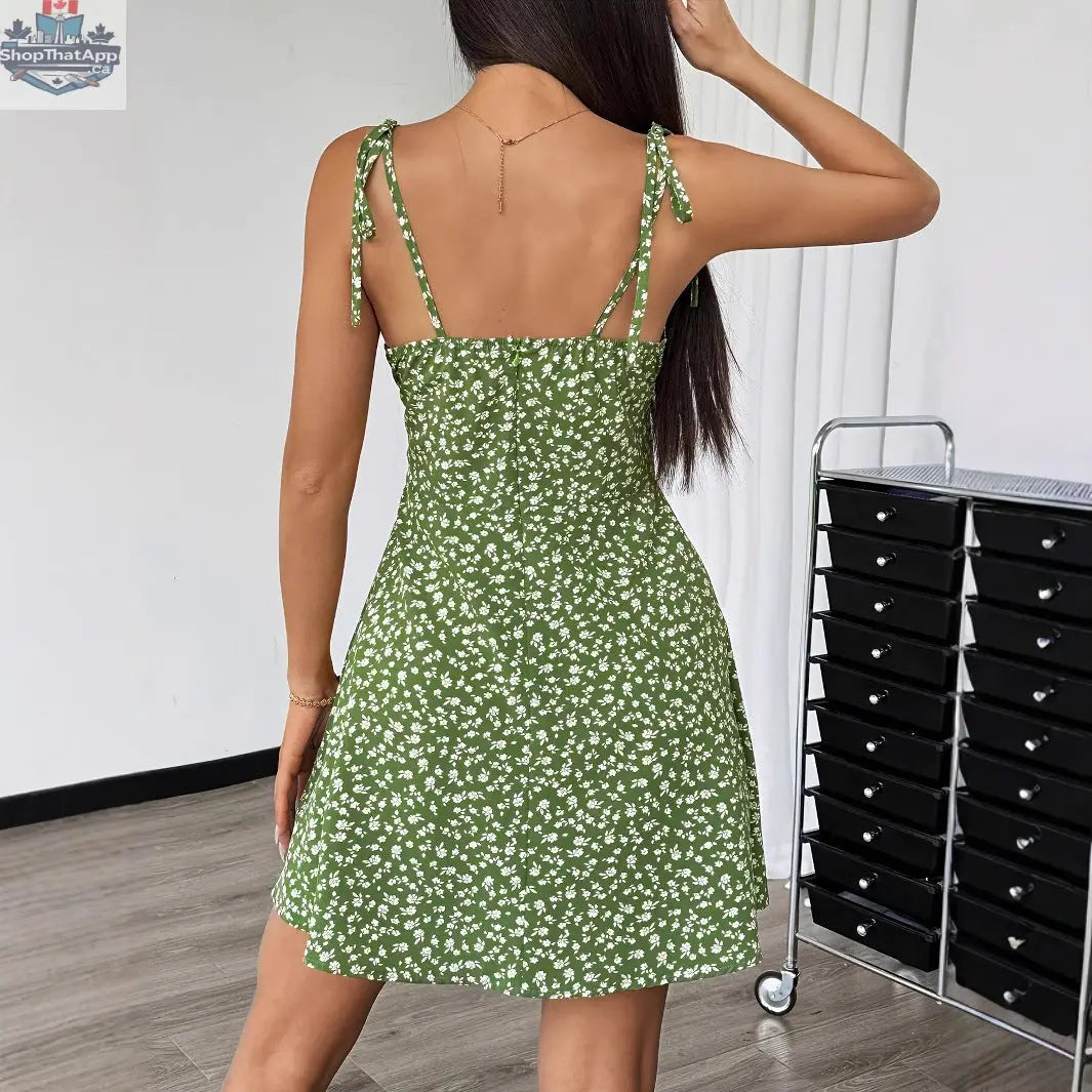Floral Print Dress Summer Sweet A- Line Waist Trimming Dresses Women's Slimming Casual Clothing - Shopthatapp.ca