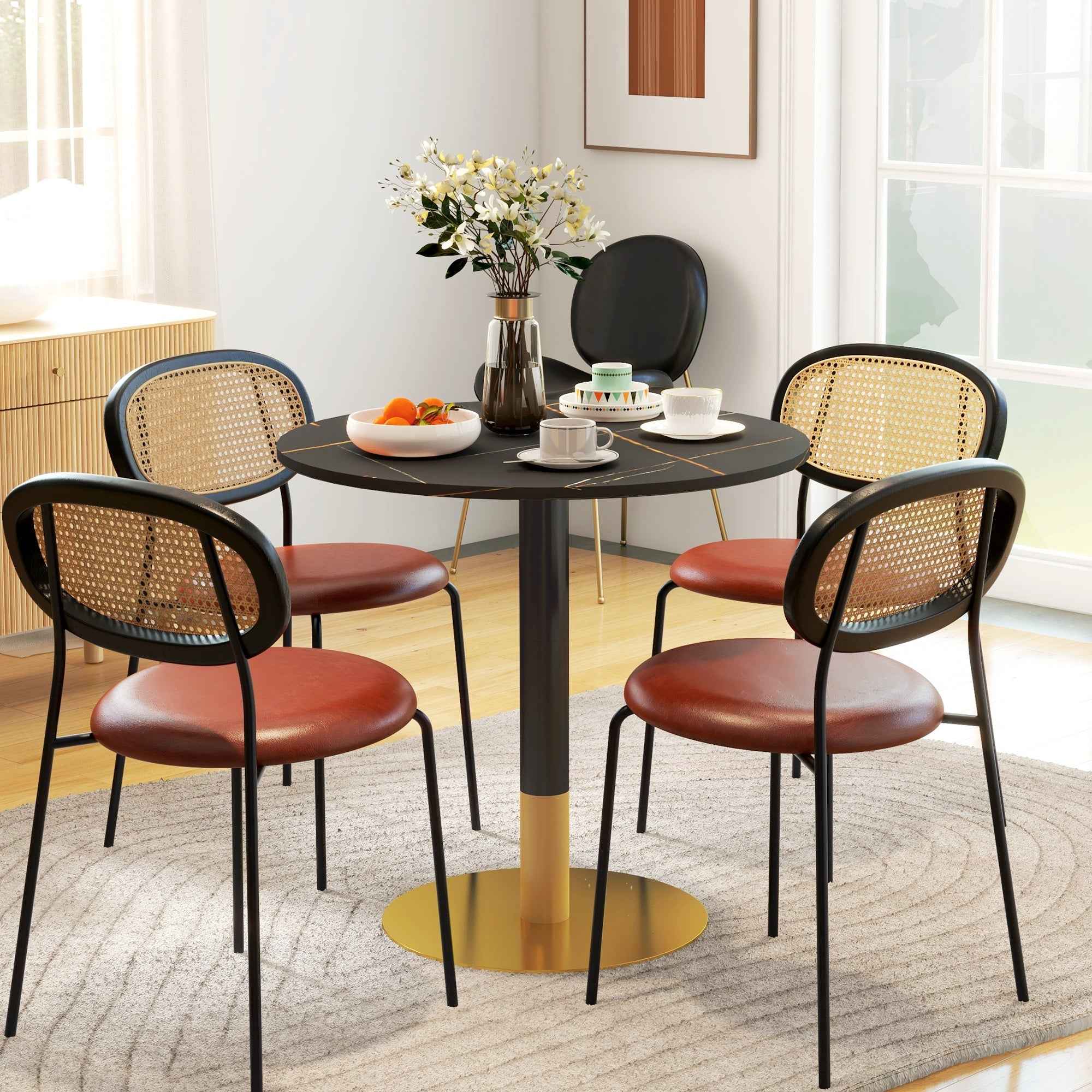 Rene Round Modern Dining Table with Faux Marble Top for Small Spaces-Black