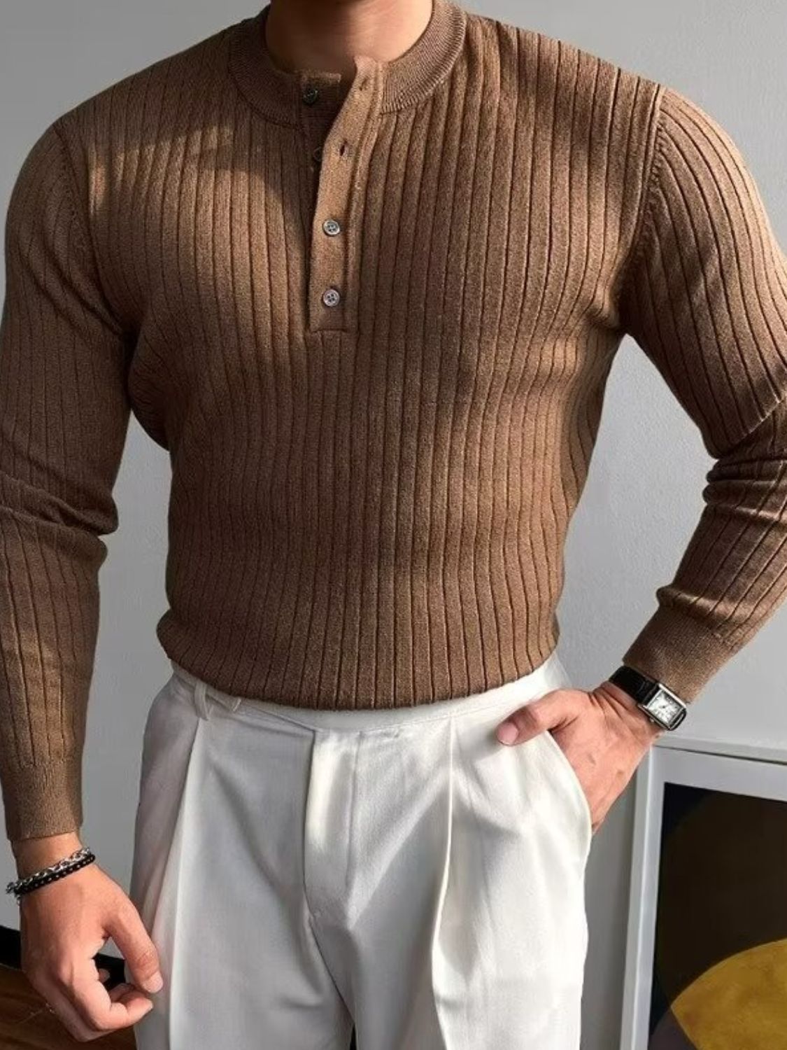 Button Detail Ribbed Knit Top for Men - Stylish Long Sleeve Design - Shopthatapp.ca