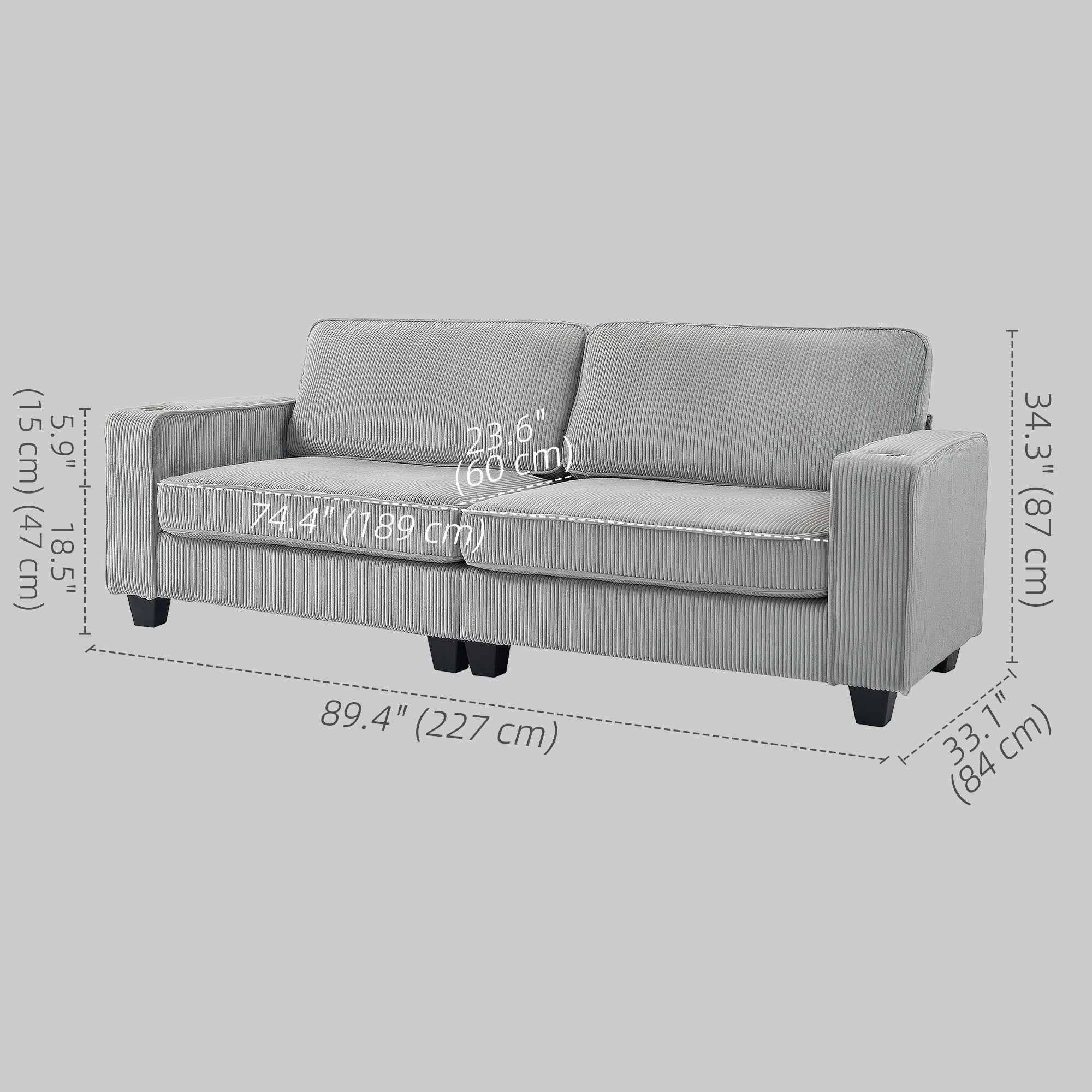 Laura Upholstered Sofa with Cup Holders-Light Grey