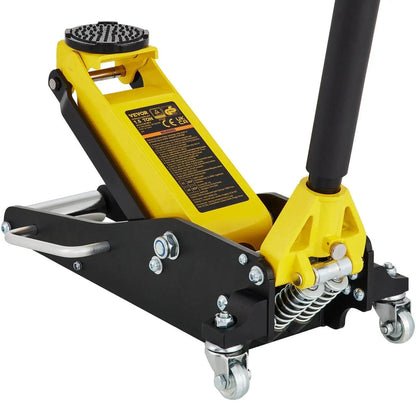 Aluminum and steel 1.5 ton low profile racing car jack with dual lift mechanism, designed for quick vehicle lifting.