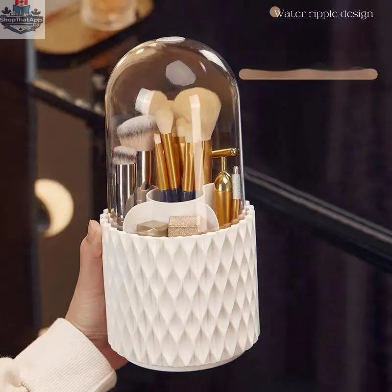 Transparent 360 rotating makeup brush organizer with large capacity, holds multiple brushes, clear design for easy visibility.