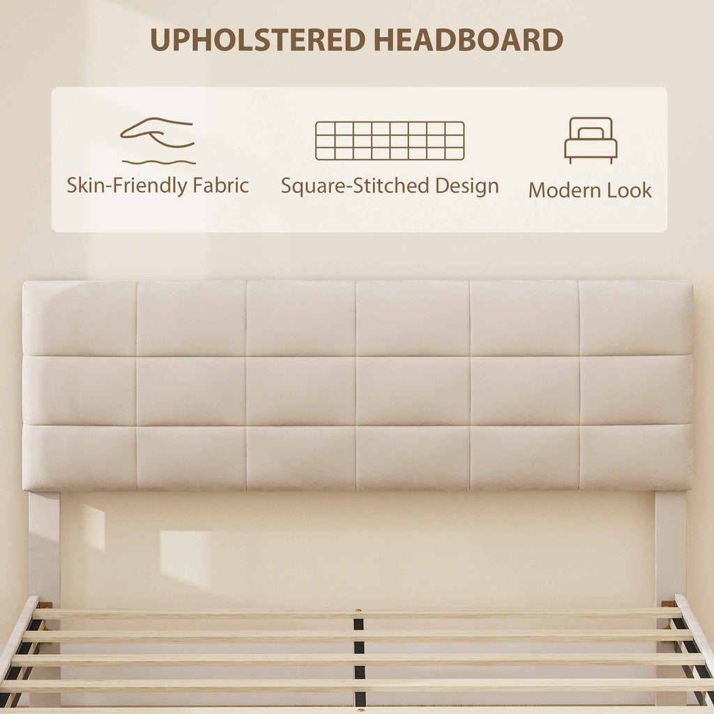 Harper Queen Size Bed Frame with Upholstered Headboard-Cream White