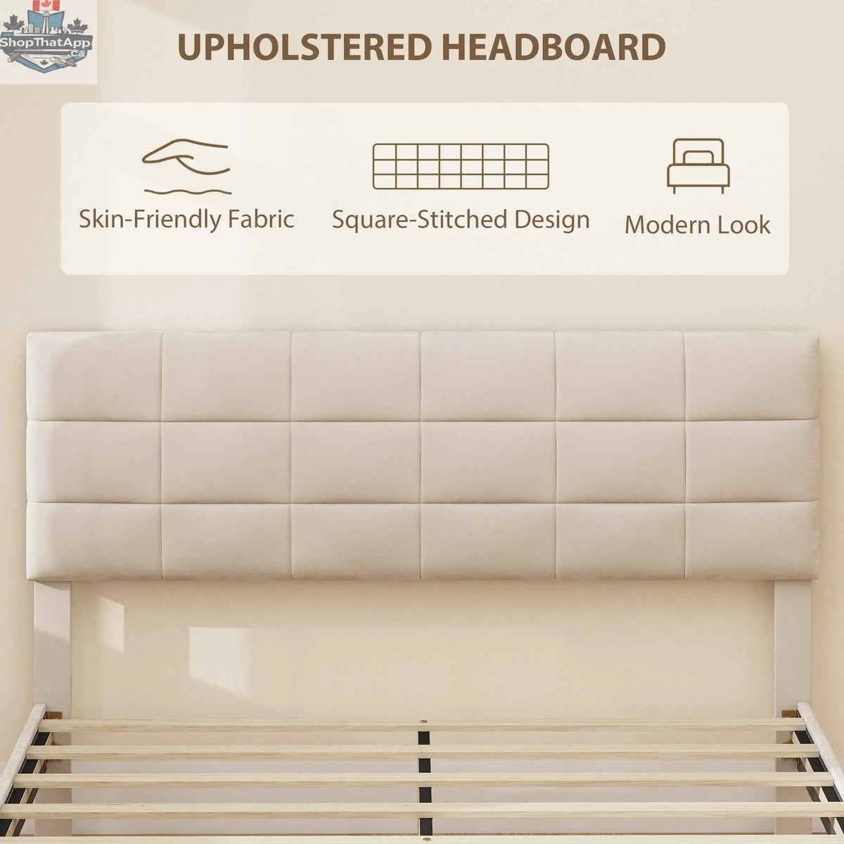 Cream white Harper queen size bed frame with upholstered headboard from SLOTH Nation, showcasing its stylish bedroom furniture design.
