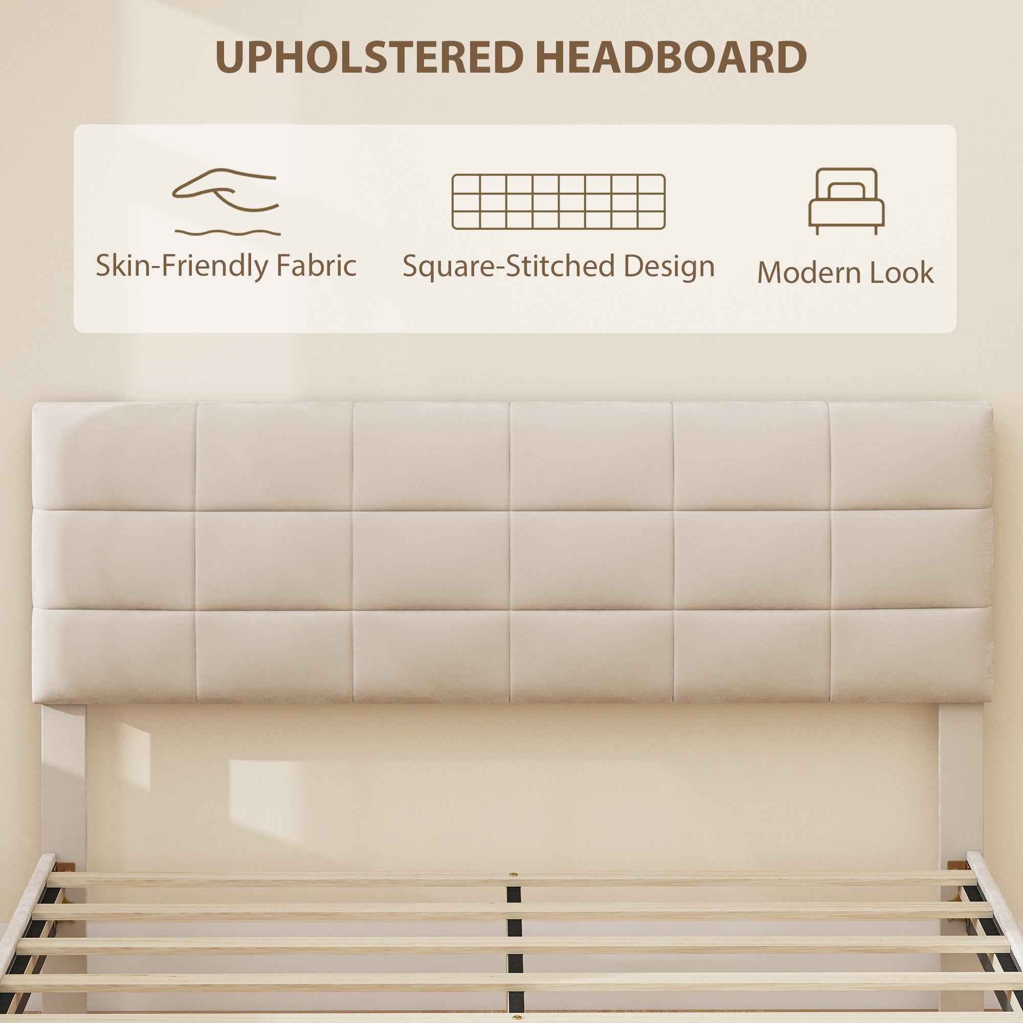 Harper Queen Size Bed Frame with Upholstered Headboard-Cream White