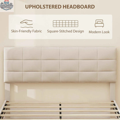 Cream white Harper queen size bed frame with upholstered headboard from SLOTH Nation, showcasing its stylish bedroom furniture design.