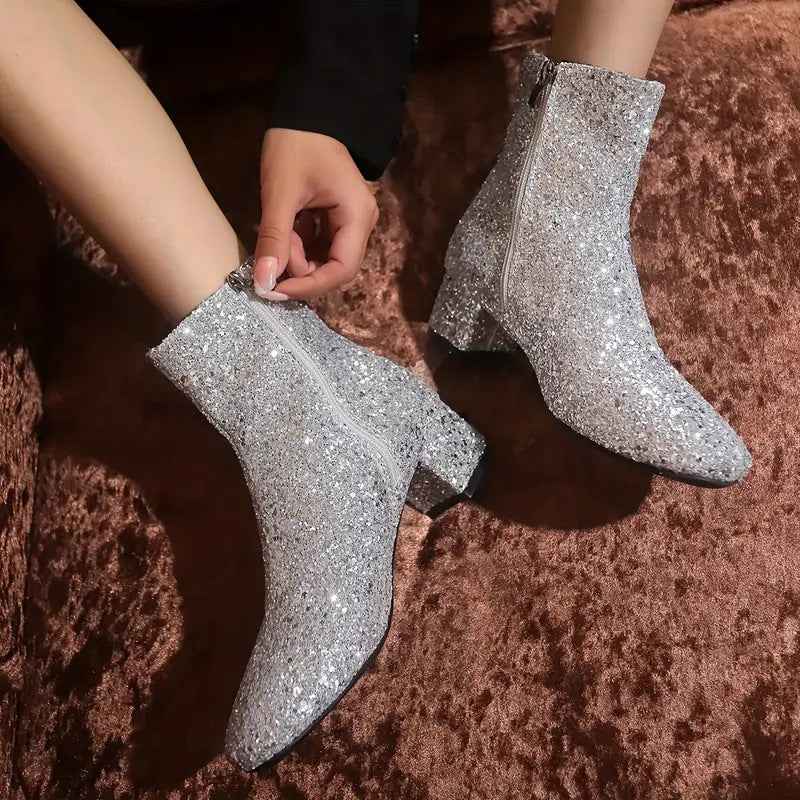 Women's Fashion Chunky Heel Boots – Cozy Faux Fur Detail Slip-On Shoes