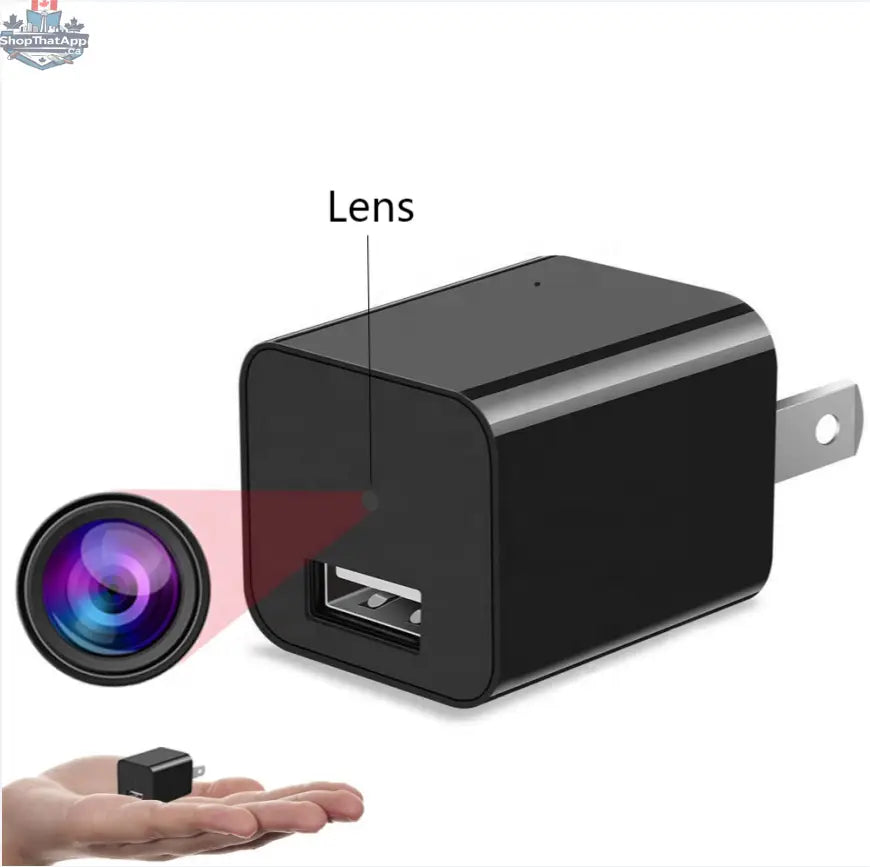 777tech 1080P nanny cam charger spy camera for home security, showing discreet tech accessory with camera lens and charging port.