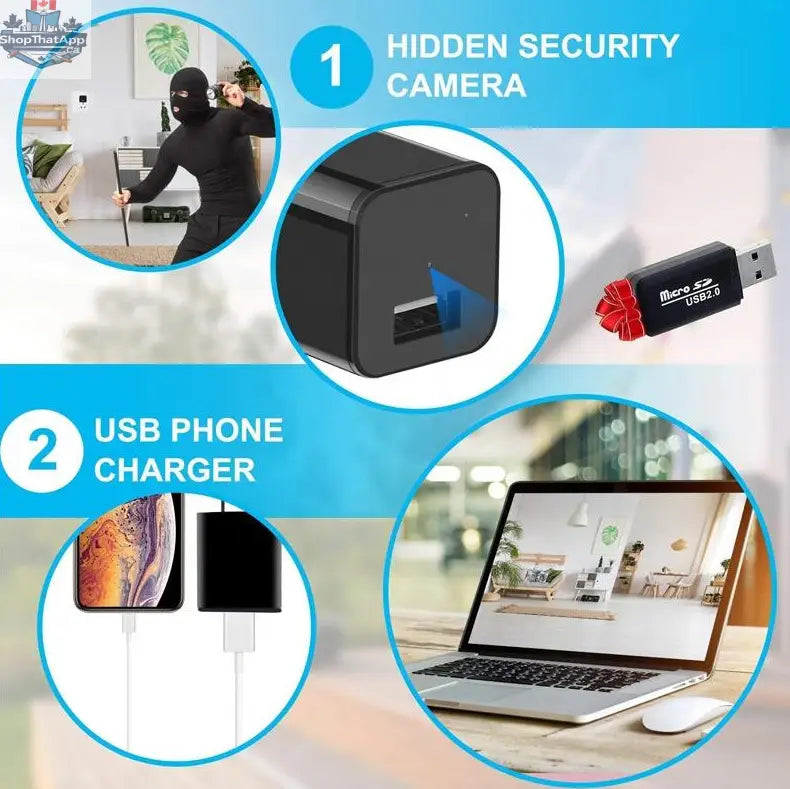 777tech 1080P nanny cam charger spy camera for home security, showing a discreet tech accessory with a USB charger design.