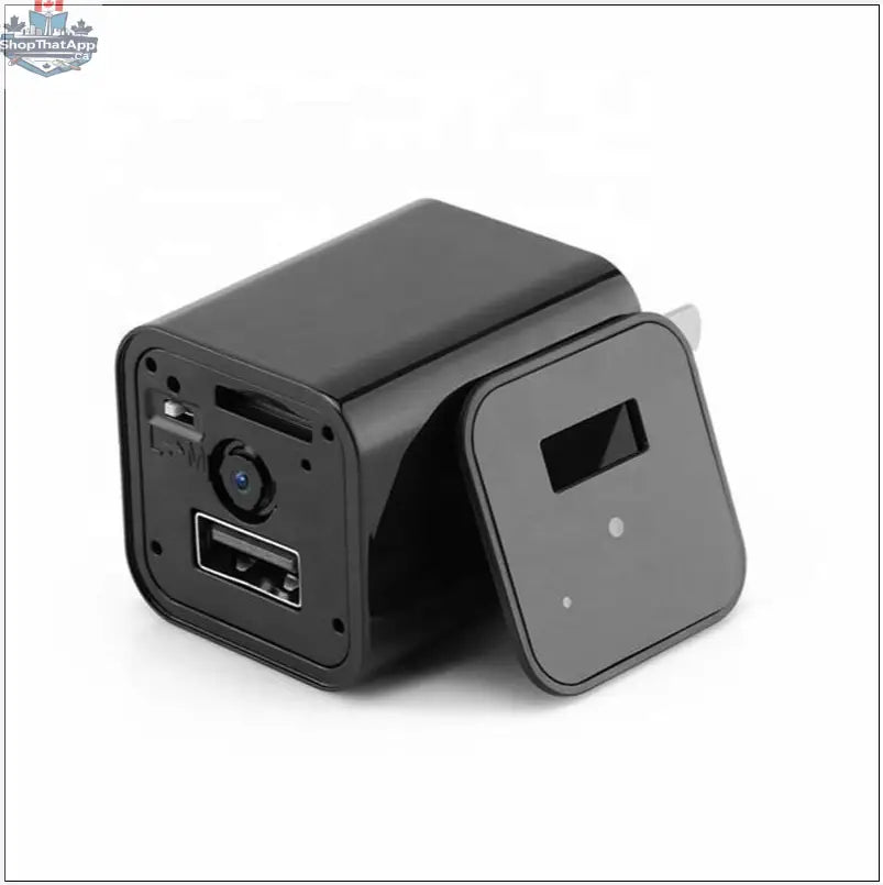 777tech 1080P nanny cam charger spy camera showing a black USB charger with hidden camera lens for home security.