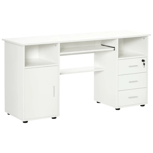 White Bloom computer desk by SLOTH Nation featuring a keyboard tray and storage drawers, ideal for stylish office workspaces.