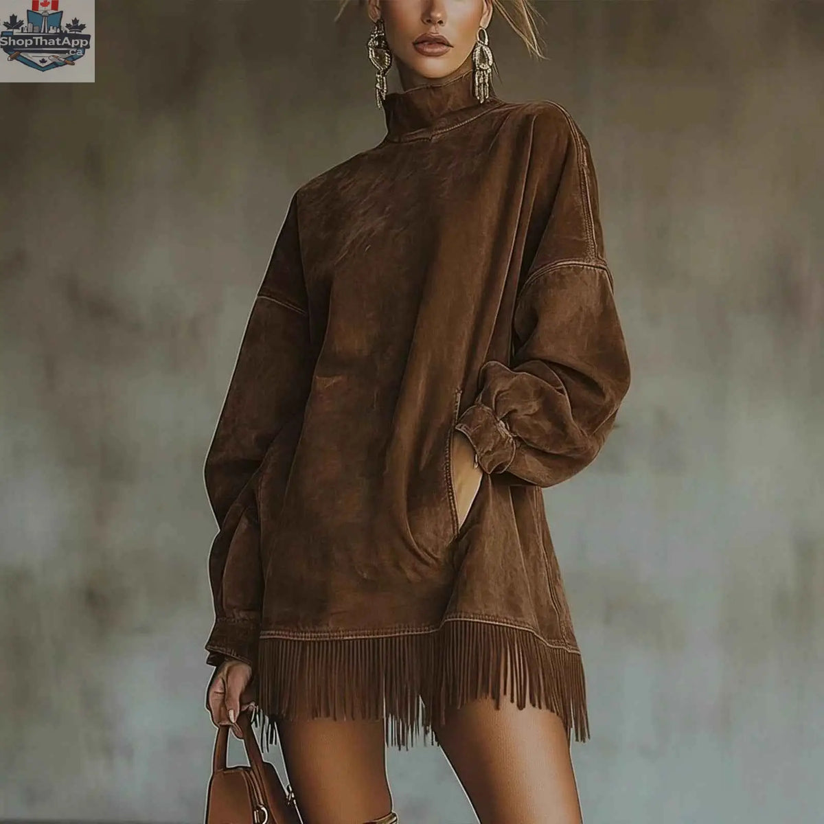 Women's Loose Tassel Suede Dress - Long Sleeve Pocket Dress - Shopthatapp.ca