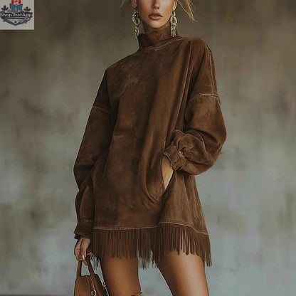 Women's Loose Tassel Suede Dress - Long Sleeve Pocket Dress - Shopthatapp.ca