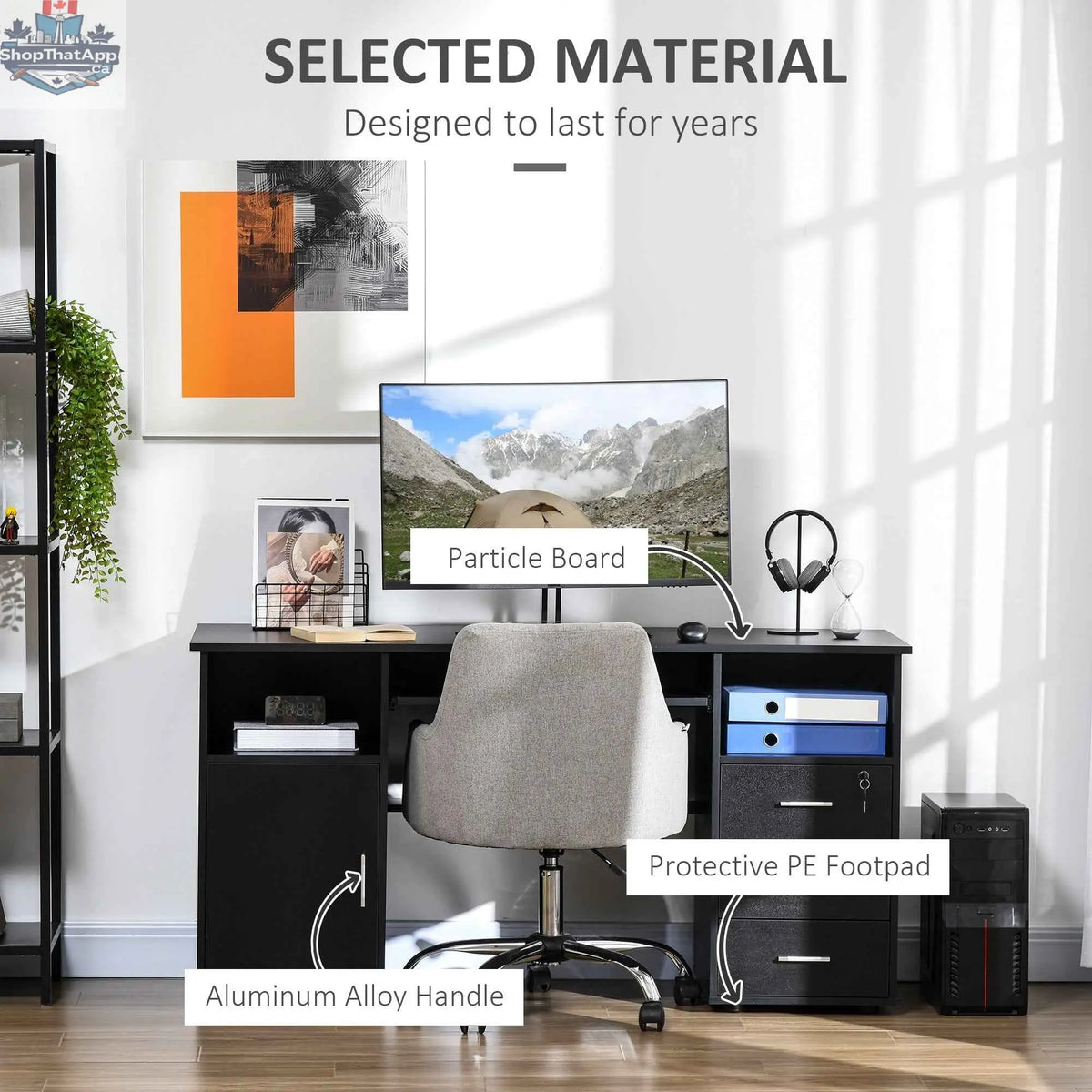 Black Bloom 57-inch computer desk with drawers and keyboard tray from SLOTH Nation, designed for office workspace organization.