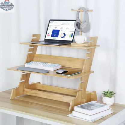 Bamboo Standing Computer Desk Monitor Stand Riser Stand Steady Up Adjustable Height Desktop Laptop Workstation Converter - Shopthatapp.ca