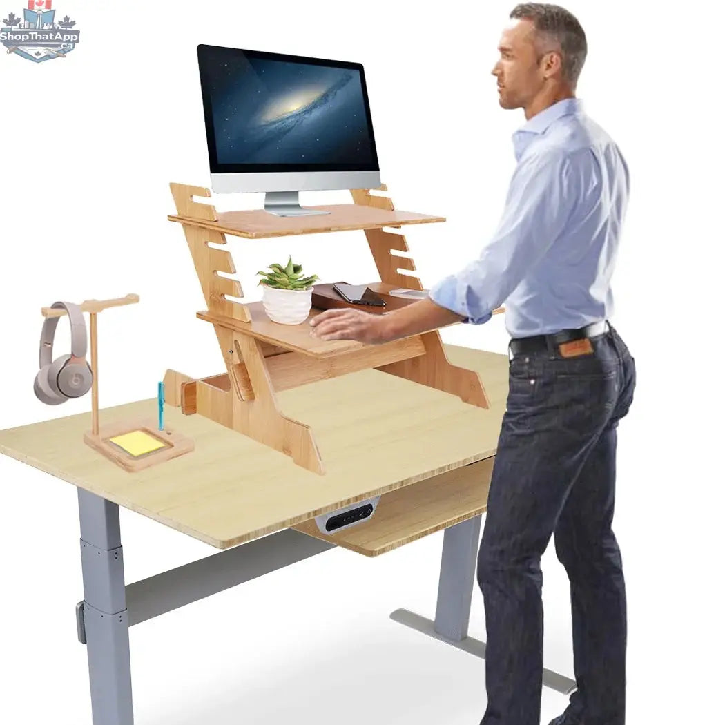 Bamboo Standing Computer Desk Monitor Stand Riser Stand Steady Up Adjustable Height Desktop Laptop Workstation Converter - Shopthatapp.ca
